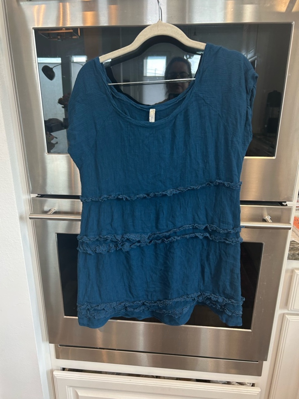 Free People Teal Ruffle Tiered Short Sleeve Top size L GUC boho festival